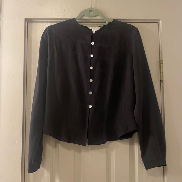 Annie Alexander Black 100% Silk Mother of Pearl Button Blouse, Size Medium - Picture 1 of 7
